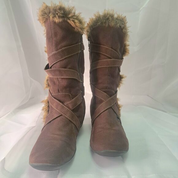 Natural Soul Shoes - Natural Soul FASANO Brown Faux Fur Lined Mid-Calf Boots Women's‎ 7.5 Zip Strap